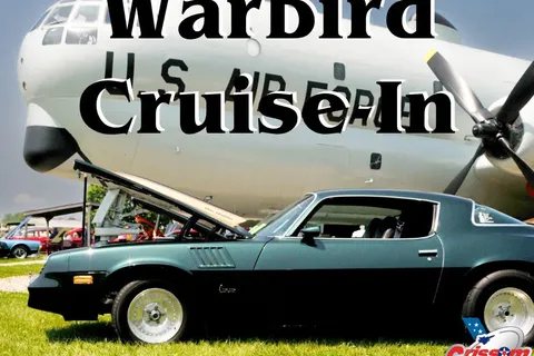 Warbird Cruise-In poster: a classic green Camaro with its hood up in front of a U.S. Air Force plane at Grissom Air Museum
